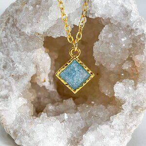 3/$20 14k Gold Blue Glitter Resin Diamond Charm Handmade Pendant Necklace